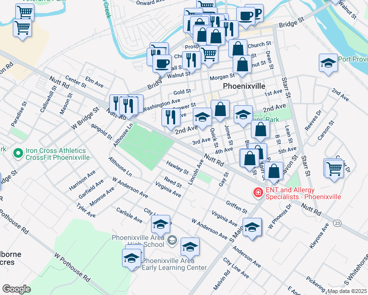 map of restaurants, bars, coffee shops, grocery stores, and more near 346 Nutt Road in Phoenixville