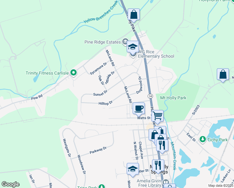 map of restaurants, bars, coffee shops, grocery stores, and more near 8 Hilltop Drive in Mount Holly Springs