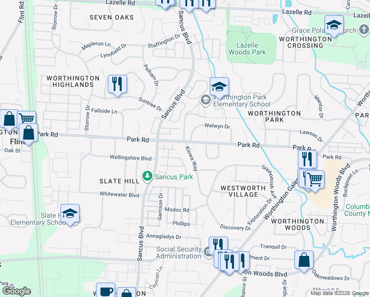 map of restaurants, bars, coffee shops, grocery stores, and more near 7885 Kiowa Way in Worthington