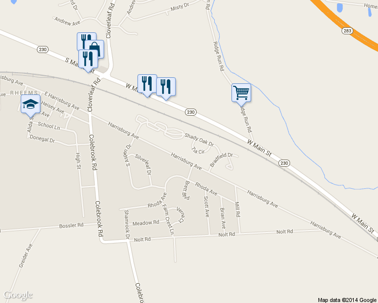 map of restaurants, bars, coffee shops, grocery stores, and more near 62 Tia Circle in Mount Joy