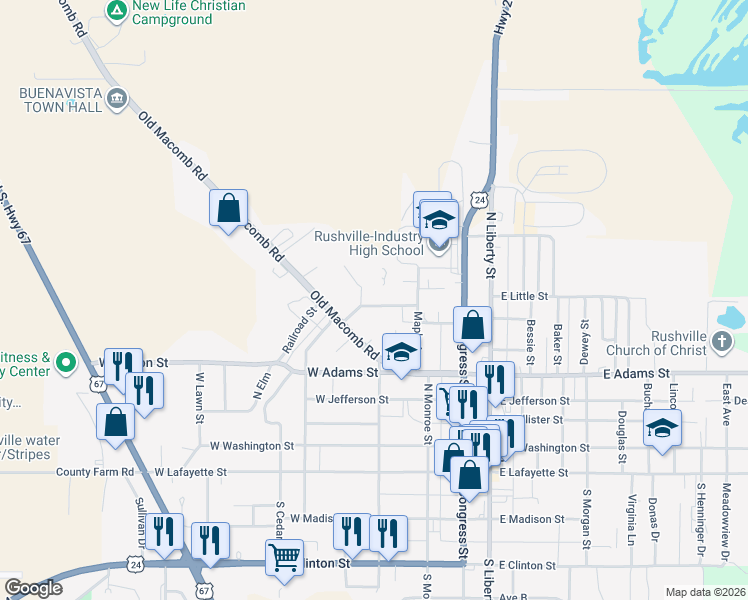map of restaurants, bars, coffee shops, grocery stores, and more near 347 Mason Street in Rushville