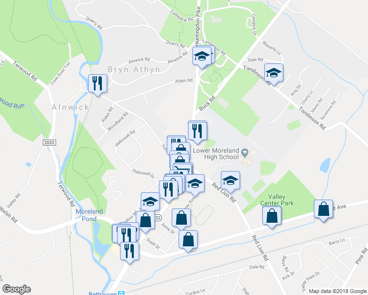 map of restaurants, bars, coffee shops, grocery stores, and more near 2642 Huntingdon Pike in Montgomery County