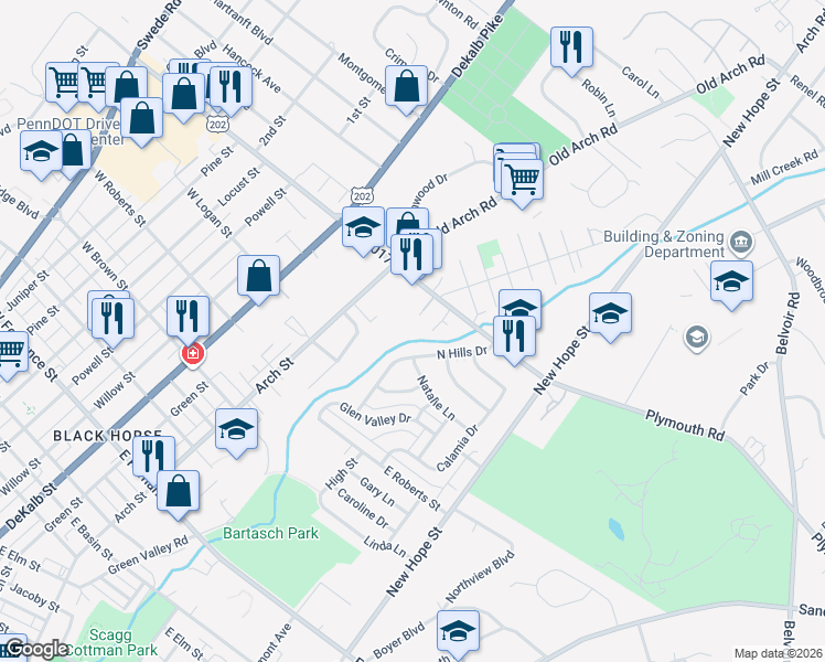 map of restaurants, bars, coffee shops, grocery stores, and more near 2 Zummo Way in Norristown