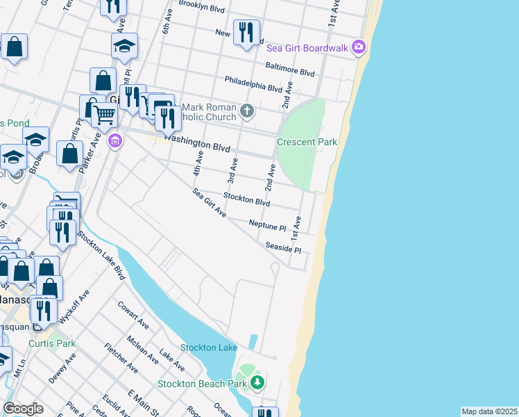 map of restaurants, bars, coffee shops, grocery stores, and more near 200 Stockton Boulevard in Sea Girt
