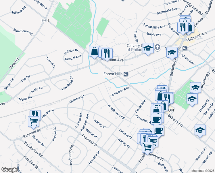 map of restaurants, bars, coffee shops, grocery stores, and more near 12000 Pandrail Place in Philadelphia