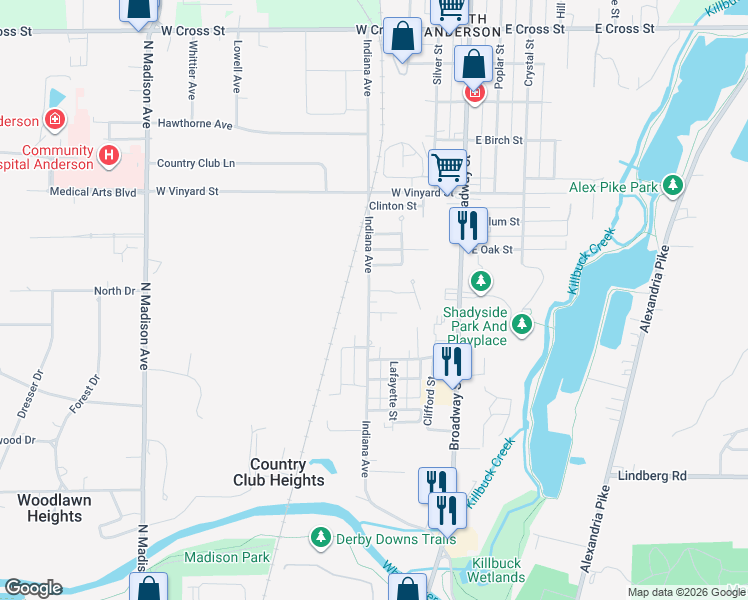 map of restaurants, bars, coffee shops, grocery stores, and more near 1114 Indiana Avenue in Anderson