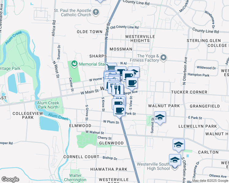 map of restaurants, bars, coffee shops, grocery stores, and more near 14 North State Street in Westerville