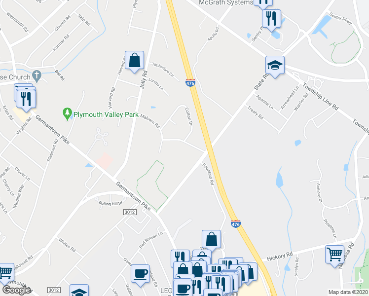 map of restaurants, bars, coffee shops, grocery stores, and more near 14 Allandale Road in Plymouth Meeting