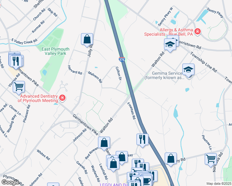map of restaurants, bars, coffee shops, grocery stores, and more near 14 Allandale Road in Plymouth Meeting
