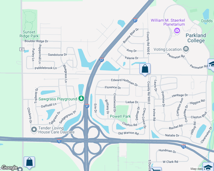 map of restaurants, bars, coffee shops, grocery stores, and more near 3312 Florence Drive in Champaign