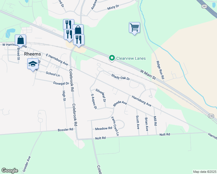 map of restaurants, bars, coffee shops, grocery stores, and more near 1958 Harrisburg Avenue in Mount Joy