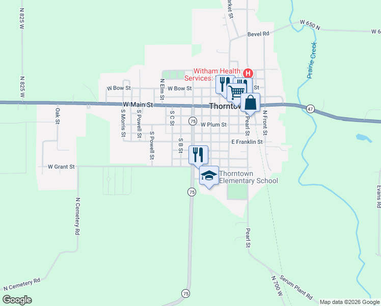 map of restaurants, bars, coffee shops, grocery stores, and more near 320 South West Street in Thorntown