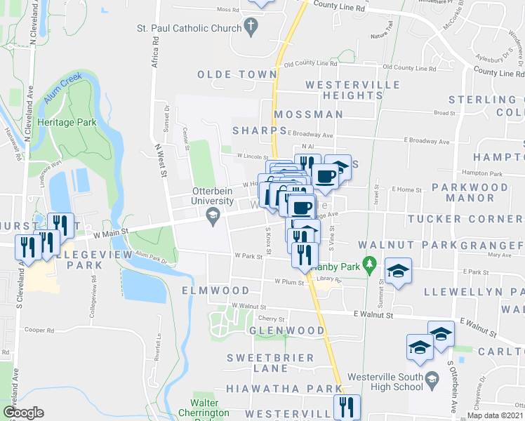 map of restaurants, bars, coffee shops, grocery stores, and more near 5 North Knox Street in Westerville