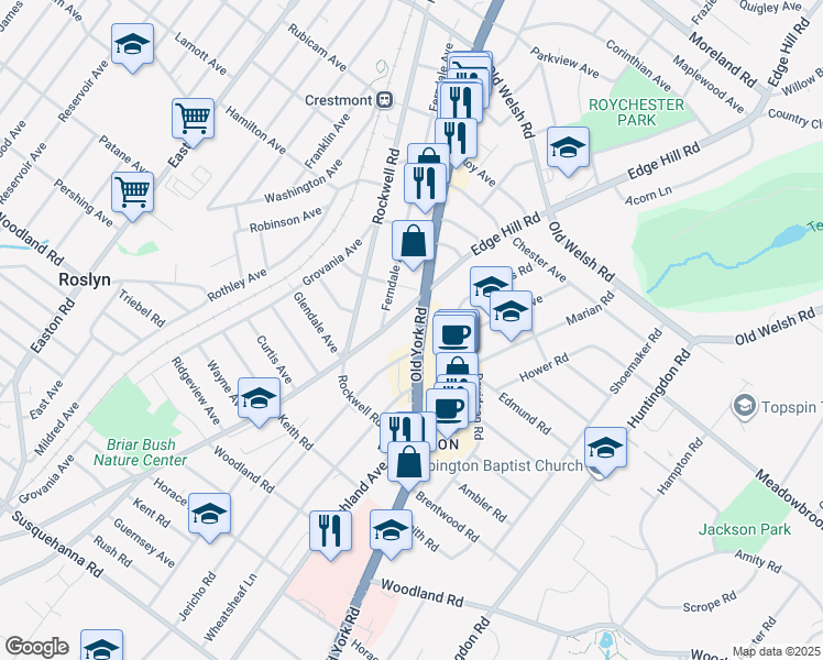 map of restaurants, bars, coffee shops, grocery stores, and more near 1515 Pennsylvania 611 in Abington