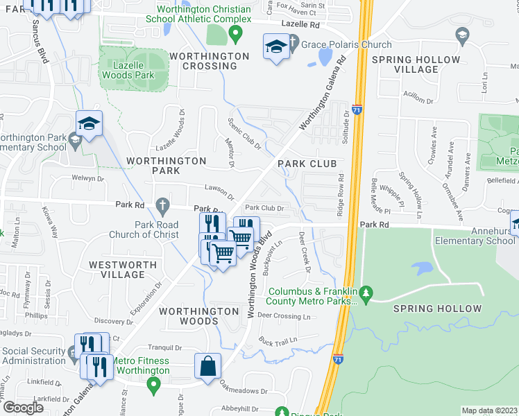 map of restaurants, bars, coffee shops, grocery stores, and more near 1465 Park Club Drive in Westerville
