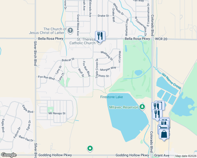 map of restaurants, bars, coffee shops, grocery stores, and more near 8706 Triple Crown Drive in Longmont
