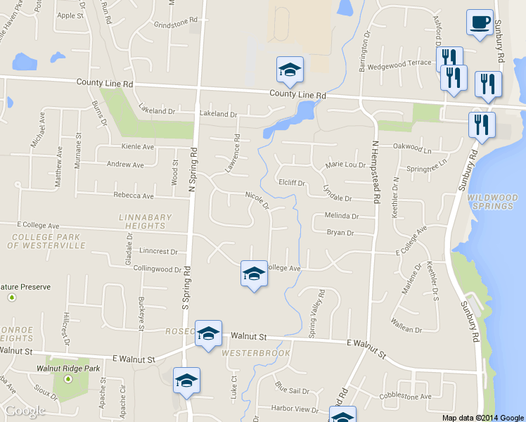 map of restaurants, bars, coffee shops, grocery stores, and more near 85 Nicole Drive in Westerville