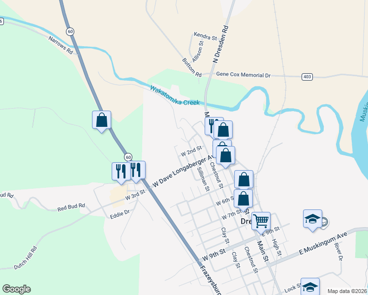 map of restaurants, bars, coffee shops, grocery stores, and more near 22 West 1st Street in Dresden
