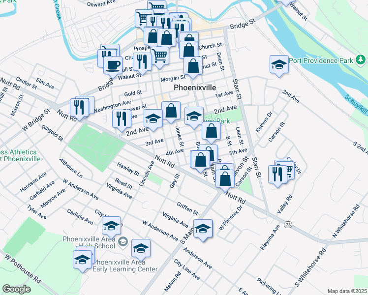 map of restaurants, bars, coffee shops, grocery stores, and more near 245 4th Avenue in Phoenixville