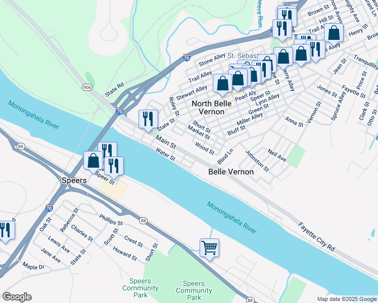 map of restaurants, bars, coffee shops, grocery stores, and more near 319 Main Street in Belle Vernon