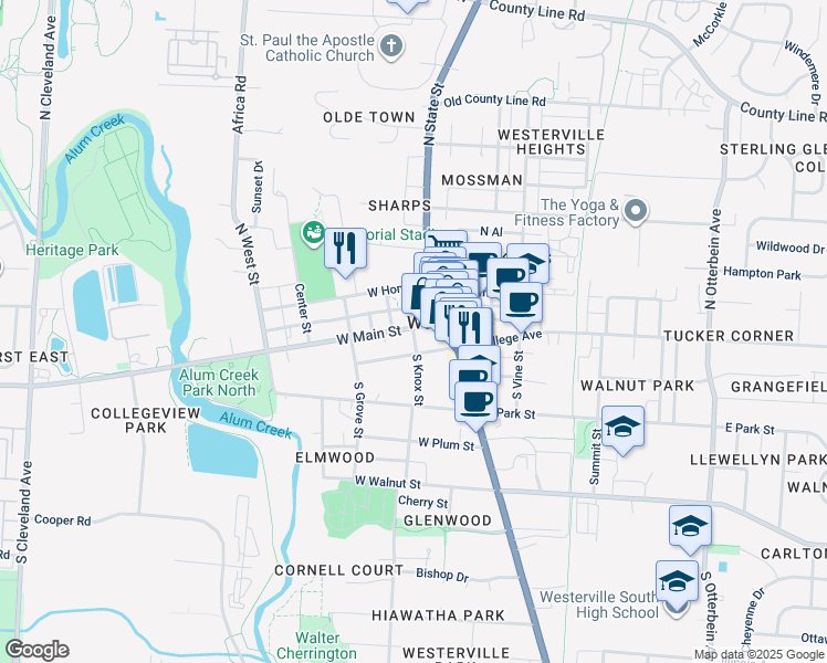 map of restaurants, bars, coffee shops, grocery stores, and more near 5 North Knox Street in Westerville