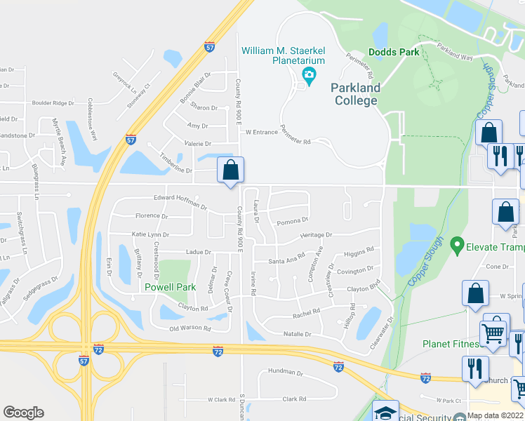 map of restaurants, bars, coffee shops, grocery stores, and more near 1102 Laura Drive in Champaign