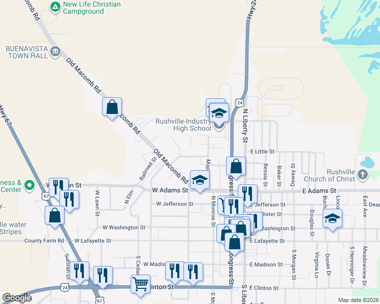map of restaurants, bars, coffee shops, grocery stores, and more near 347 Mason Street in Rushville