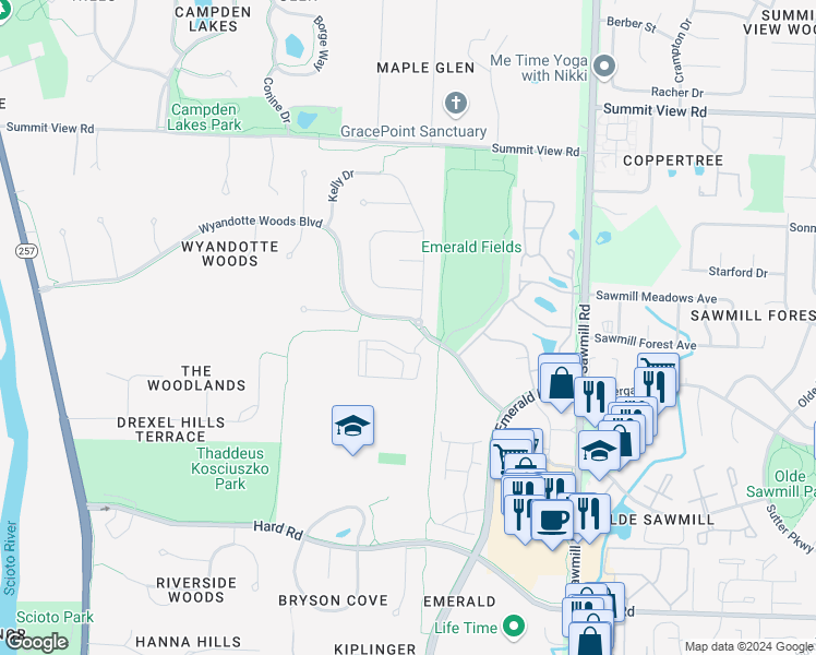 map of restaurants, bars, coffee shops, grocery stores, and more near 4063 Wyandotte Woods Boulevard in Dublin