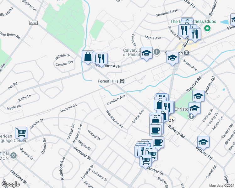 map of restaurants, bars, coffee shops, grocery stores, and more near 300 Byberry Road in Philadelphia
