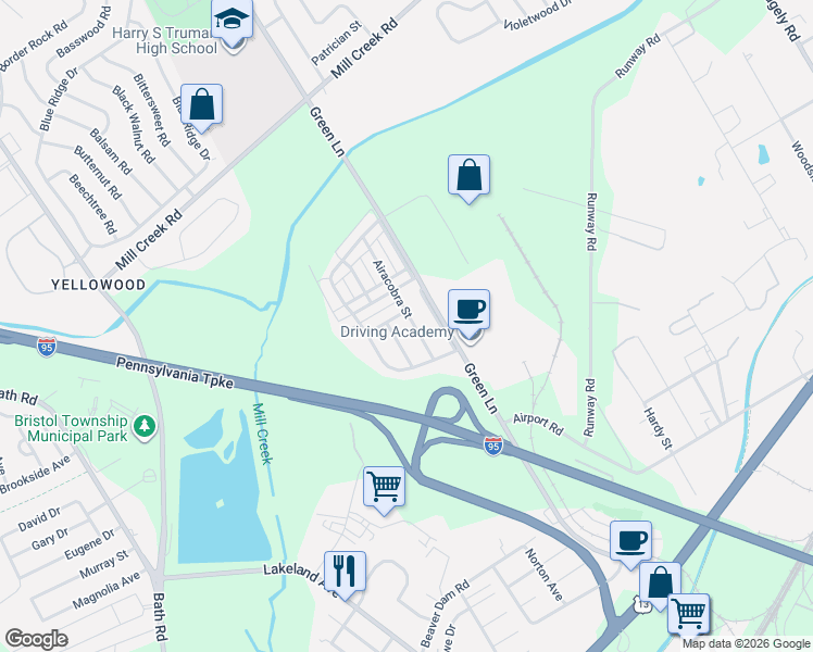 map of restaurants, bars, coffee shops, grocery stores, and more near 2214 Airacobra Street in Levittown