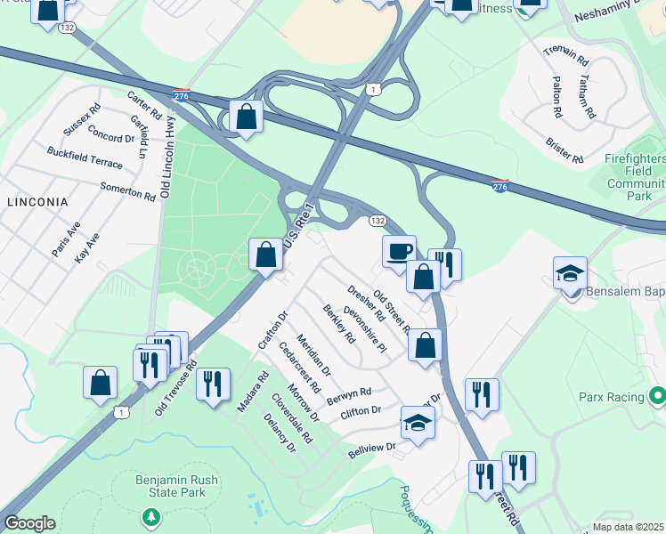 map of restaurants, bars, coffee shops, grocery stores, and more near 3851 Dresher Road in Bensalem