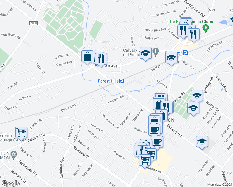 map of restaurants, bars, coffee shops, grocery stores, and more near 300 Byberry Road in Philadelphia