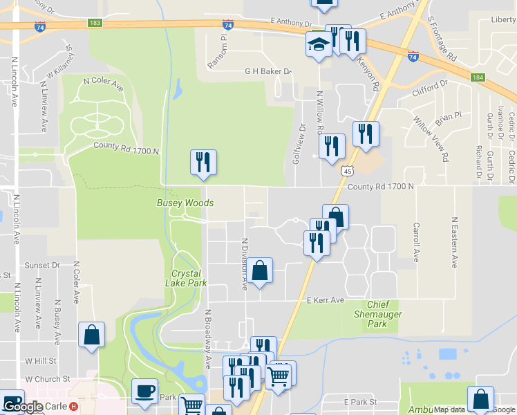 map of restaurants, bars, coffee shops, grocery stores, and more near 307 Greenview Drive in Urbana