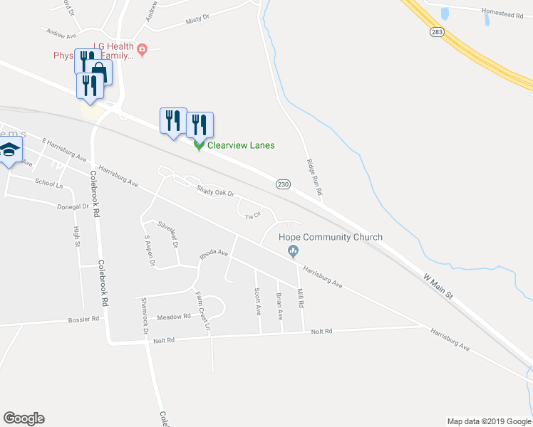 map of restaurants, bars, coffee shops, grocery stores, and more near 8 Tia Circle in Mount Joy