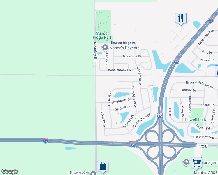 map of restaurants, bars, coffee shops, grocery stores, and more near 915 Trailway Court in Champaign