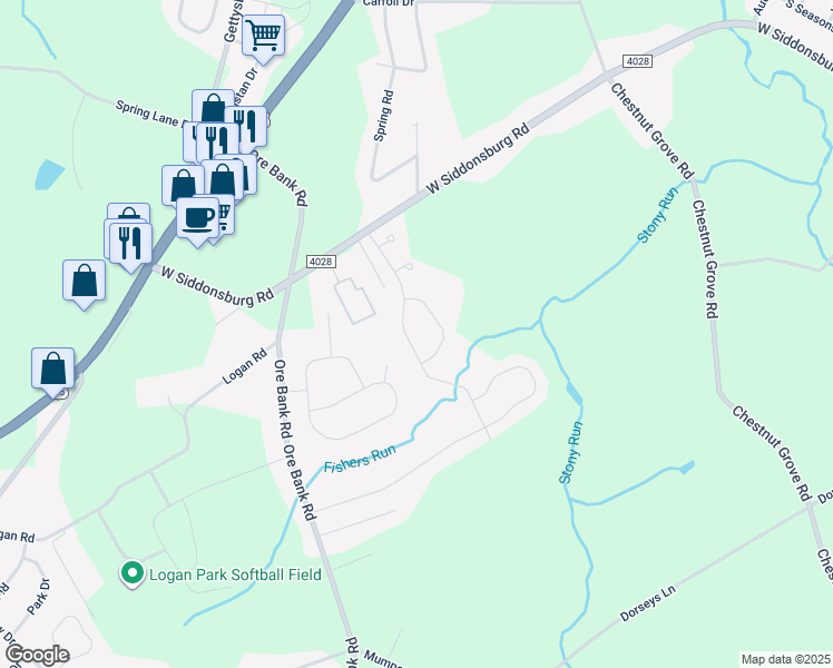 map of restaurants, bars, coffee shops, grocery stores, and more near Stonebridge Drive in Dillsburg