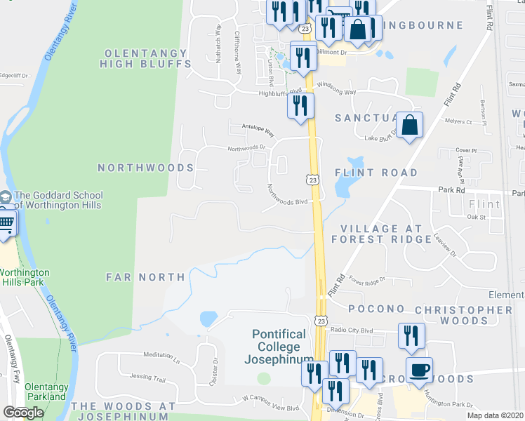map of restaurants, bars, coffee shops, grocery stores, and more near 8001 Ravines Edge Court in Columbus