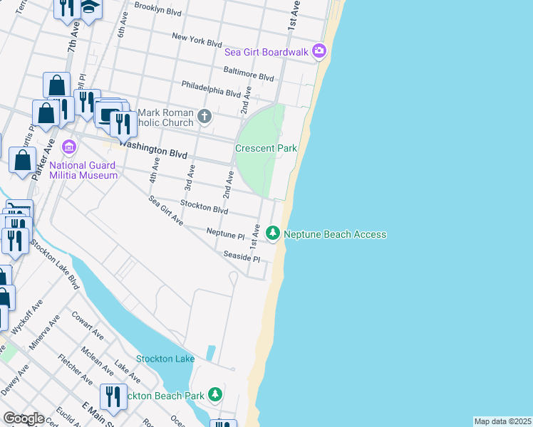 map of restaurants, bars, coffee shops, grocery stores, and more near 806 1st Avenue in Sea Girt