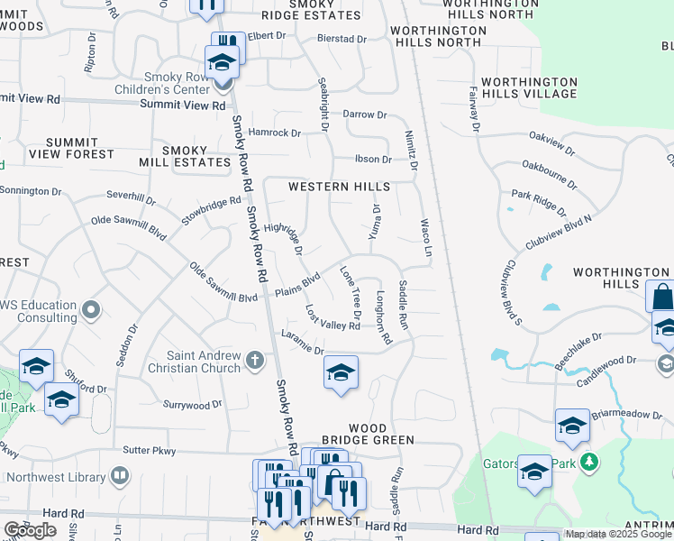 map of restaurants, bars, coffee shops, grocery stores, and more near 1877 Plains Boulevard in Powell