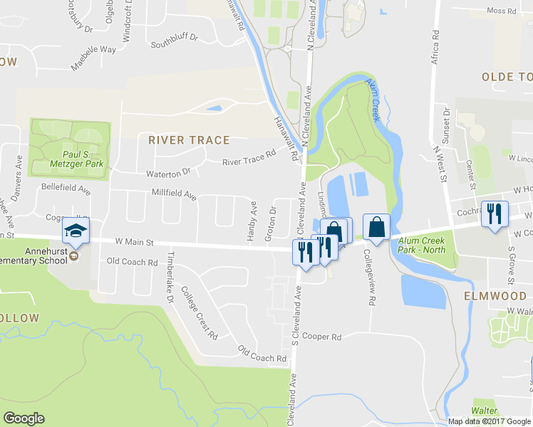 map of restaurants, bars, coffee shops, grocery stores, and more near 61 Groton Drive in Westerville