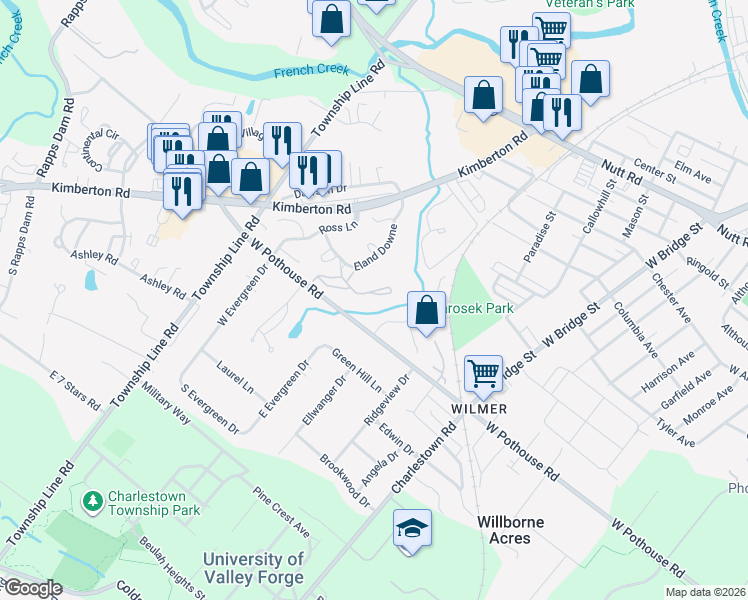 map of restaurants, bars, coffee shops, grocery stores, and more near 3000 Eland Downe in Phoenixville