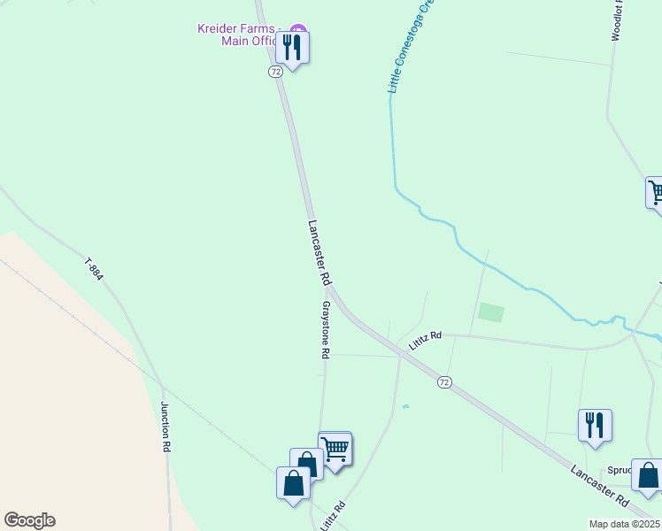 map of restaurants, bars, coffee shops, grocery stores, and more near 1673 Lancaster Road in Manheim