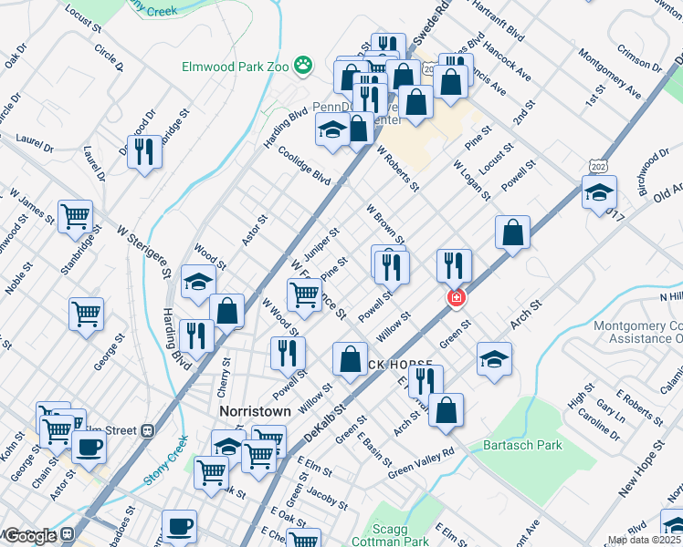 map of restaurants, bars, coffee shops, grocery stores, and more near 1430 Pine Street in Norristown