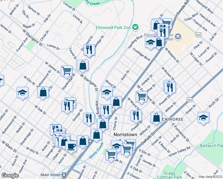 map of restaurants, bars, coffee shops, grocery stores, and more near 1223 Astor St in Norristown