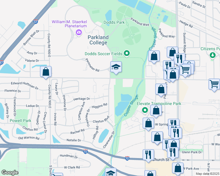 map of restaurants, bars, coffee shops, grocery stores, and more near 2459 Clayton Boulevard in Champaign