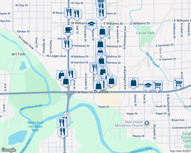 map of restaurants, bars, coffee shops, grocery stores, and more near 100 North Walnut Street in Danville