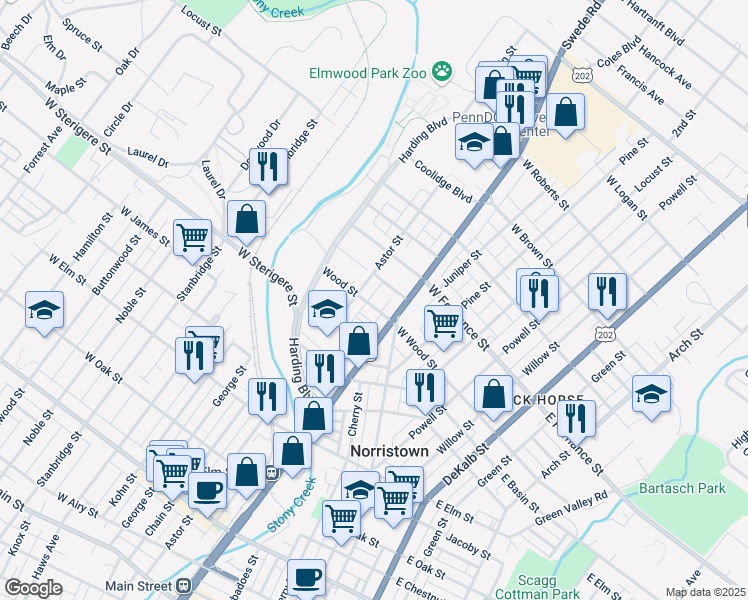 map of restaurants, bars, coffee shops, grocery stores, and more near 327 West Wood Street in Norristown