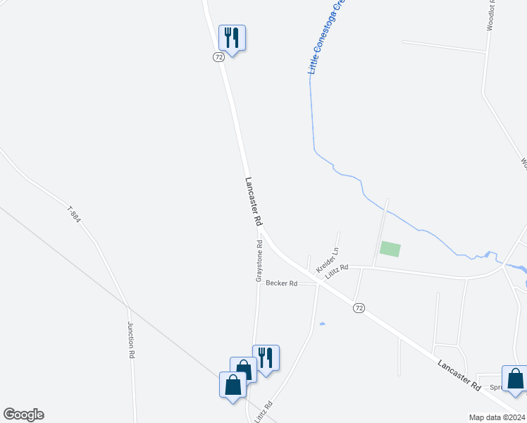 map of restaurants, bars, coffee shops, grocery stores, and more near 1673 Lancaster Road in Manheim