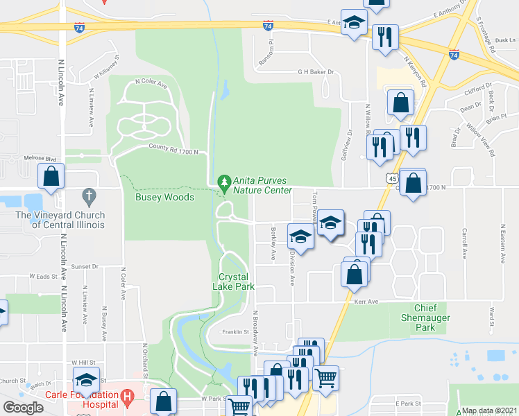 map of restaurants, bars, coffee shops, grocery stores, and more near 1410 North Broadway Avenue in Urbana