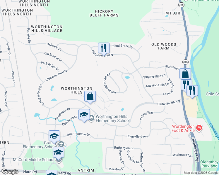 map of restaurants, bars, coffee shops, grocery stores, and more near 1099 Circle on the Green in Columbus